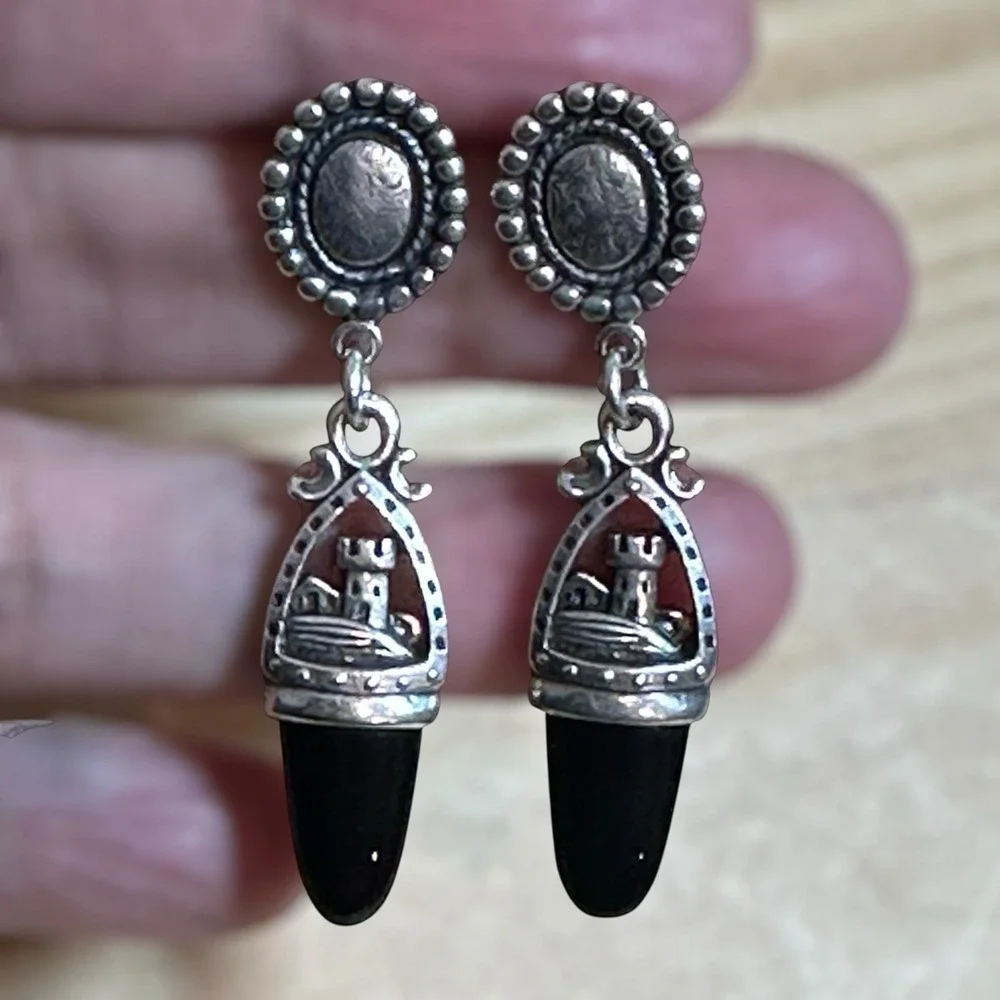 VTG ANNI‎ Stud Dangle Earrings 1.875 Inch Castle Black Onyx 925 Sterling 10.6g